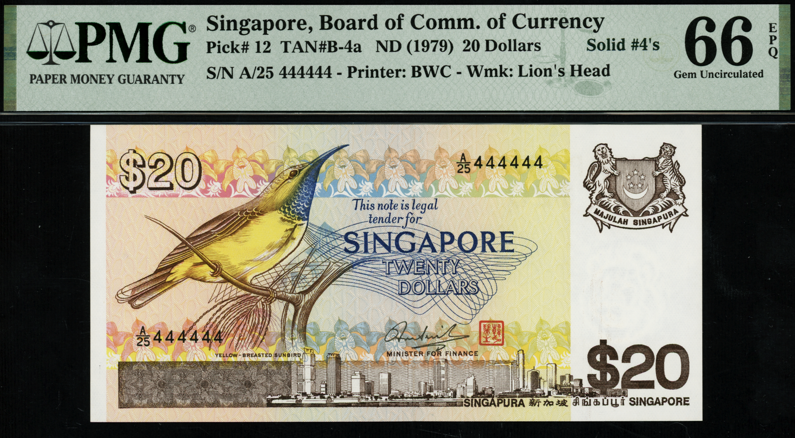 Singapore Bird ND(1979) $20 Solid Number A/25 444444 PMG